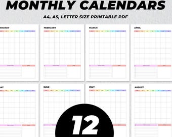 12 Months Calendar Printable, Blank Monthly Calendar, Simple Desk Calendar, Monthly Goals Checklist, Undated Planner, Vertical Calendar PDF