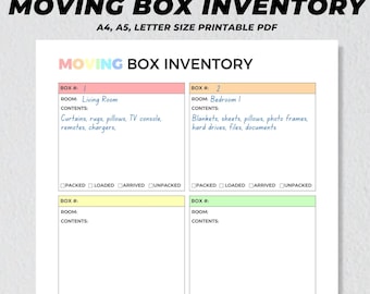 Könnte beinhalten: Druckbare Inventarliste für Umzugskartons mit Abschnitten für Kartonnnummer, Raum und Inhalt. Die Checkliste enthält Kontrollkästchen für verpackt, geladen, angekommen und ausgepackt. Das Dokument ist für A4-, A5- und Letter-Papier ausgelegt.