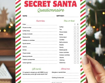 Secret Santa Questionnaire Printable, Christmas Gift Exchange, Holiday Party Game, Festive Coworkers Survey, Fun Family Activity, Wish List