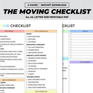 Könnte beinhalten: Eine druckbare Umzugscheckliste mit Abschnitten für Logistik, Finanzen, Abonnements und Mitgliedschaften, Versicherungen und Dienstleister, Behörden und wichtige Dinge für die erste Nacht. Die Checkliste ist in Tabellenform mit Kontrollkästchen für jeden Punkt organisiert.