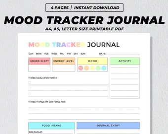 Mood Tracker Journal Printable, Emotion Wellness Tracker, Anxiety Mental Health Chart, Daily Gratitude & Activity Planner, Self Care PDF