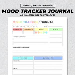 Mood Tracker Journal Printable, Emotion Wellness Tracker, Angst Geestelijke Gezondheidsgrafiek, Dagelijkse Dankbaarheid & Activiteitenplanner, Zelfzorg PDF