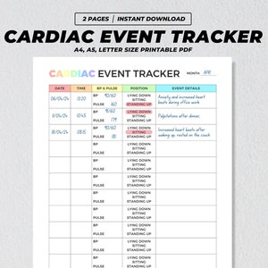 Cardiac Event Tracker Printable, Cardiac Event Report, Dysautonomia Log, Tachycardia Syndrome Record, Medical Health Planner A4 A5 US PDF