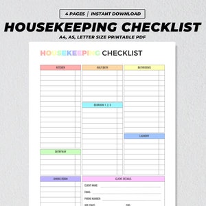 Housekeeping Checklist Printable, Airbnb Cleaning Checklist, Housekeeping Business Planner, Chore Tracker Template, Housekeeper A4 A5 US PDF