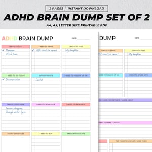 Może przedstawiać: Drukowany zestaw 2 stron "ADHD Brain Dump". Strony są białe z kolorowymi sekcjami na zadania takie jak "Muszę zadzwonić", "Muszę wysłać e-mail" i "Muszę zrobić dzisiaj". Tekst "ADHD Brain Dump Set of 2" znajduje się na górze.