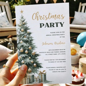 Invitación navideña en dorado salvia, tema de acuarela pastel, invitación a fiesta navideña, invitación con árbol de Navidad, fiesta navideña de trabajo boho editable en Canva