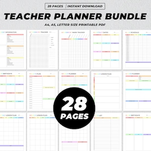 May include: A teacher planner bundle with 28 pages, available for instant download. The planner includes sections for information, trackers, schedules, lesson plans, and more. The planner is available in A4, A5, and letter sizes.