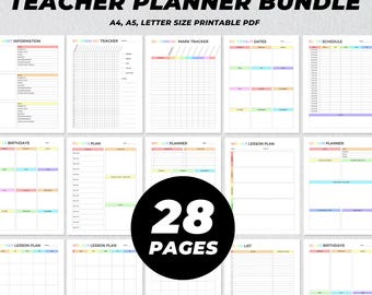 Teacher Planner Bundle Printable, Classroom Planner, Lesson Plans, Attendance & Grade Tracker, School Calendar, Daily Agenda, Teacher Binder