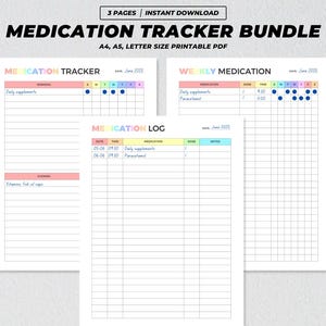 Op de afbeelding: Een afdrukbare medicatietrackerbundel met drie pagina's. De pagina's bevatten een medicatietracker, een wekelijkse medicatietabel en een medicatielogboek. De tekst bevat "MEDICATION TRACKER BUNDLE" en "A4, A5, LETTER SIZE PRINTABLE PDF".