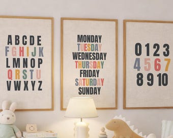 Kids Educational Prints, Colorful Typography, Alphabets Numbers Poster, ABC Kids Room Decor, 123 Counting Wall Art, Nursery Playroom Signs
