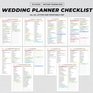 印刷可能な結婚式のチェックリスト、12ヶ月プランナー、新郎新婦のToDoリスト、結婚計画、結婚式の写真撮影、結婚式のタイムラインチャート