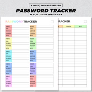 May include: Printable password tracker with colorful tabs for website, email, username, password, and notes. The tracker has a simple design with a grid layout and is available in A4, A5, and letter sizes.