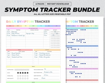 Op de afbeelding: Printbare bundel met symptoomtrackers met twee pagina's. De eerste pagina is een dagelijkse symptoomtracker met secties voor tijd, symptoom, mogelijke triggers, duur en ernst. De tweede pagina is een maandelijkse symptoomtracker met een raster voor elke maand van het jaar. De tracker is ontworpen om mensen te helpen hun symptomen bij te houden en patronen te identificeren.