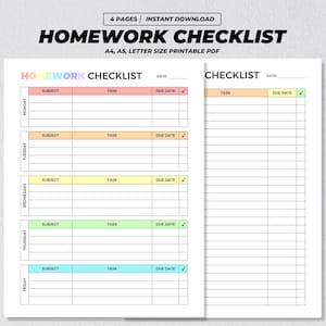 Homework Checklist Printable, Weekly Homework Tracker, Student Assignment Organizer, Academic School Planner, Daily Study Schedule PDF
