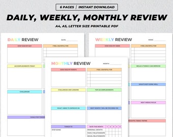 Daily, Weekly, Monthly Review Printable, Gratitude Reflections Log, Personal Growth Tracker, Progress Goals Planner, Self Evaluation PDF
