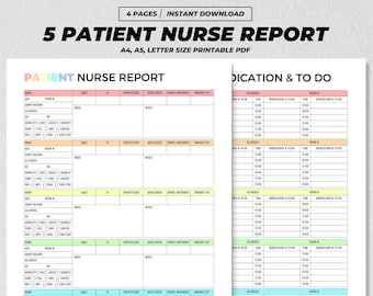 Nurse Report 5 Patient Printable, Med Surg Report, Nursing Brain Sheet, Shift Planner Handoff, ICU Rn Organizer, Nursing Student Grad PDF