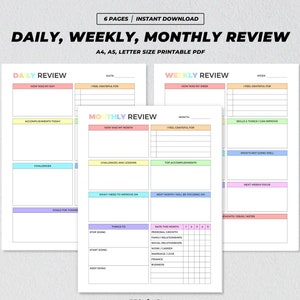 Peut inclure: Planificateur PDF imprimable avec des couleurs pastel et des sections pour les revues quotidiennes, hebdomadaires et mensuelles. Le planificateur comprend des sections pour les réalisations, les défis, les objectifs, les choses à arrêter, à commencer et à continuer, ainsi qu'un système de notation pour la croissance personnelle, les relations familiales, les relations sociales, le travail, la carrière, le mariage, l'amour, les finances et les affaires.
