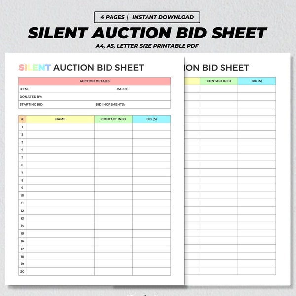 Silent Auction Bid Sheet Printable, Fillable Fundraiser Sheet, Auction Sign Up Details, Bidding Tracker Form, Charity Event Fundraising PDF