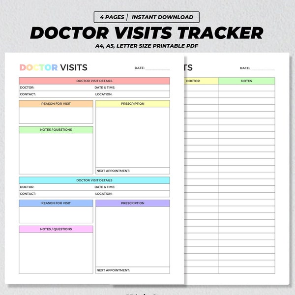 Visites chez le médecin imprimables, suivi des notes médicales, journal des rendez-vous chez le médecin, feuille de dossier de santé, visite de traitement à l'hôpital, planificateur de bien-être PDF