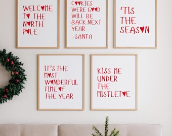 Christmas Set Of 5 Wall Art Printable, Heart Typography, Aesthetic Holiday Decor, Xmas Gallery Prints, Funny Santa Posters, Festive Winter