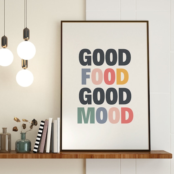 Good Food Good Mood Printable Wall Art, Colorful Chef Typography, Aesthetic Kitchen Decor, Cute Preppy Print, Cooking Quote Poster Download