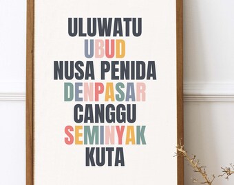 Bali Travel Printable Wall Art, Colorful Typography, Bali Indonesia Poster, Tropical Asia Vacation, Ubud Canggu Denpasar Cities, Bucket List