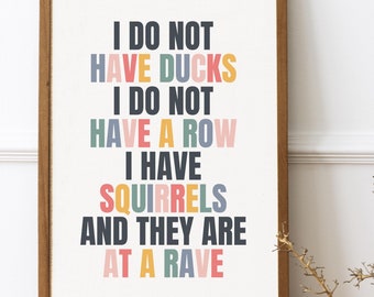 May include: A framed print with a colorful text design that reads "I do not have ducks I do not have a row I have squirrels and they are at a rave".
