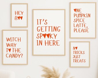 Halloween Set Of 5 Wall Art Printable, Heart Typography, Holiday Home Decor, Spooky Gallery Prints, Witchy Humor Quotes, Cute Fall Posters