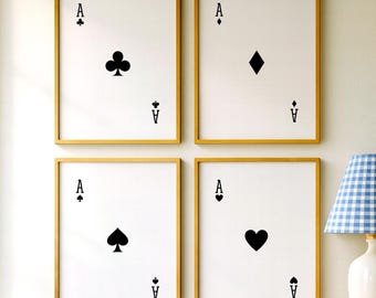 Ace Playing Card Art Print Set, Retro Bar Cart Decor, Set Of 4 Art Printable (Digital Download)