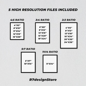 May include: A graphic showing different aspect ratios for digital prints, with the text "5 HIGH RESOLUTION FILES INCLUDED" at the top. The aspect ratios are 4:5, 3:4, 2:3, 5:7, and 11:14. The image also includes the text "R7designStore".