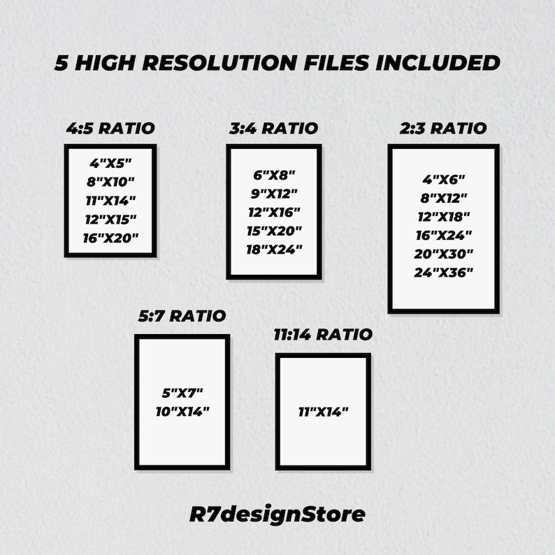 May include: A graphic showing different aspect ratios for digital prints, with the text "5 HIGH RESOLUTION FILES INCLUDED" at the top. The aspect ratios are 4:5, 3:4, 2:3, 5:7, and 11:14. The image also includes the text "R7designStore".