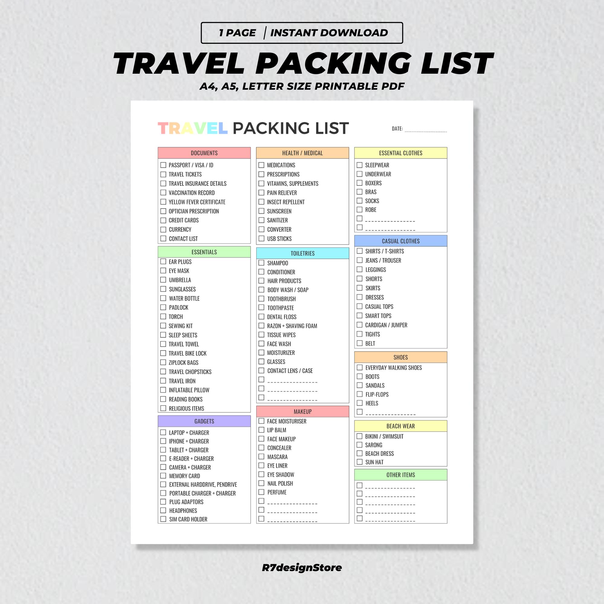 Travel Packing List Printable, Travel Planner, Vacation Essential Checklist, Women Packing List, Travelling Organizer, Holiday Tracker PDF