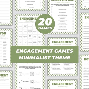May include: A set of 20 printable engagement party games with a minimalist green and white striped design. The games include "Guess Who Said It", "Engagement Bingo", "What's on Your Phone", "Engagement Ideas", "Candy Game", and "Wine Tasting".
