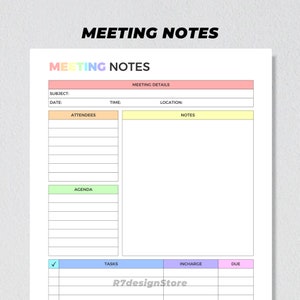 Meeting Notes Printable, Meeting Minutes Agenda Tracker, Office Project ...