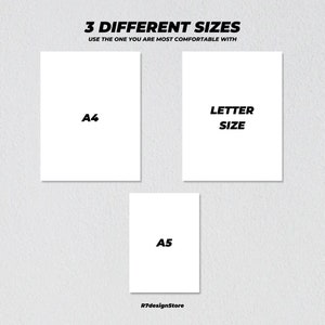 May include: Three white paper sheets with black text showing different paper sizes: A4, Letter Size, and A5. The text "3 DIFFERENT SIZES" is at the top of the image. The text "USE THE ONE YOU ARE MOST COMFORTABLE WITH" is below the text "3 DIFFERENT SIZES". The text "R7designStore" is at the bottom of the image.
