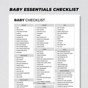 K&ouml;nnte beinhalten: Eine druckbare Checkliste f&uuml;r Baby-Essentials, sortiert in Kategorien: Kinderzimmer, Kleidung, Spielzeug, F&uuml;ttern, Reisen, Mama-Essentials, Gesundheit & Sicherheit und Extras. Die Checkliste enth&auml;lt Artikel wie Kinderbett, Wickeldecken, Wickelauflage, Schlafs&auml;cke, Bodys, Babyflaschen, Milchpulver, Autositz, Spielzeug und mehr.