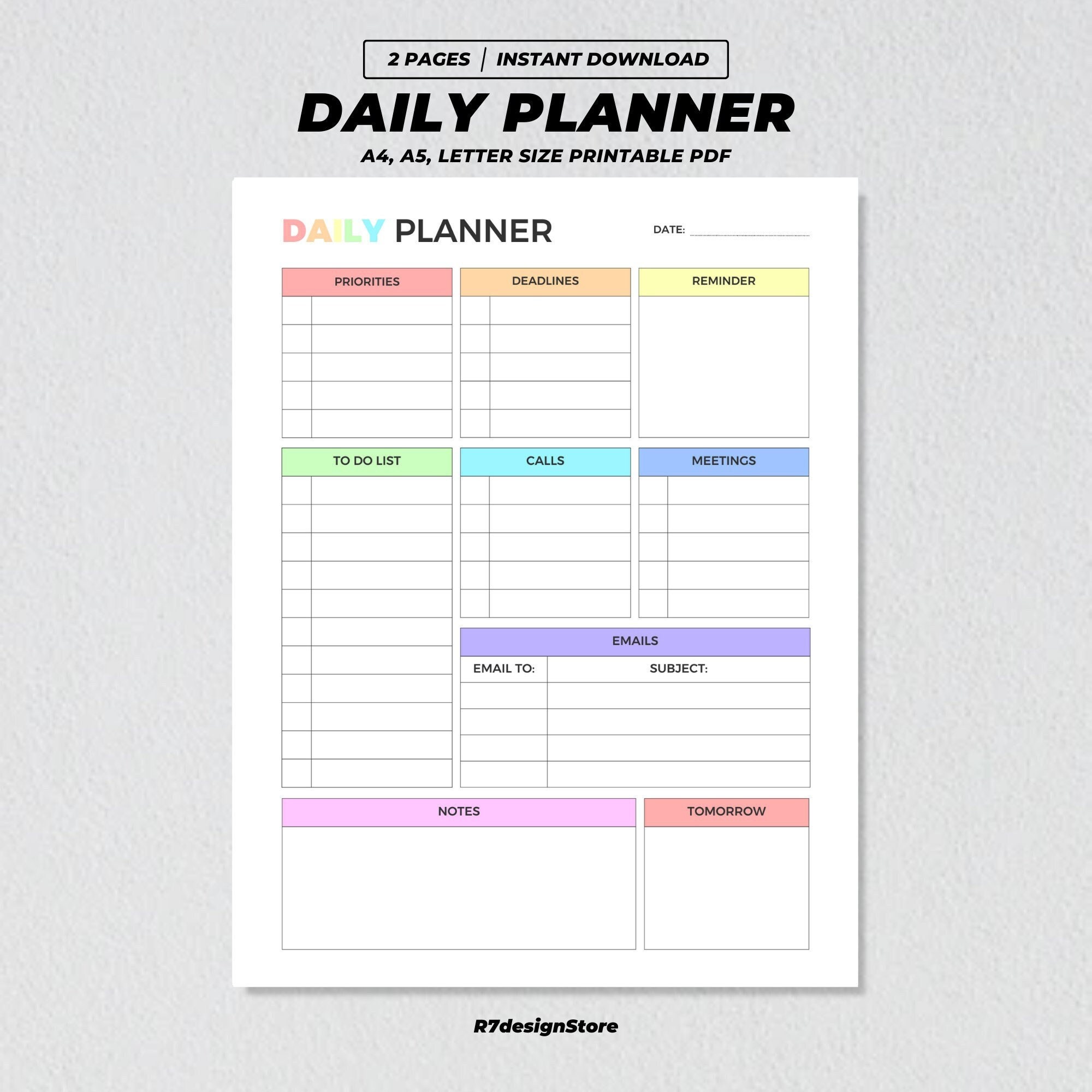 Daily Planner Printable, Everyday to Do List, Office Work Organizer ...