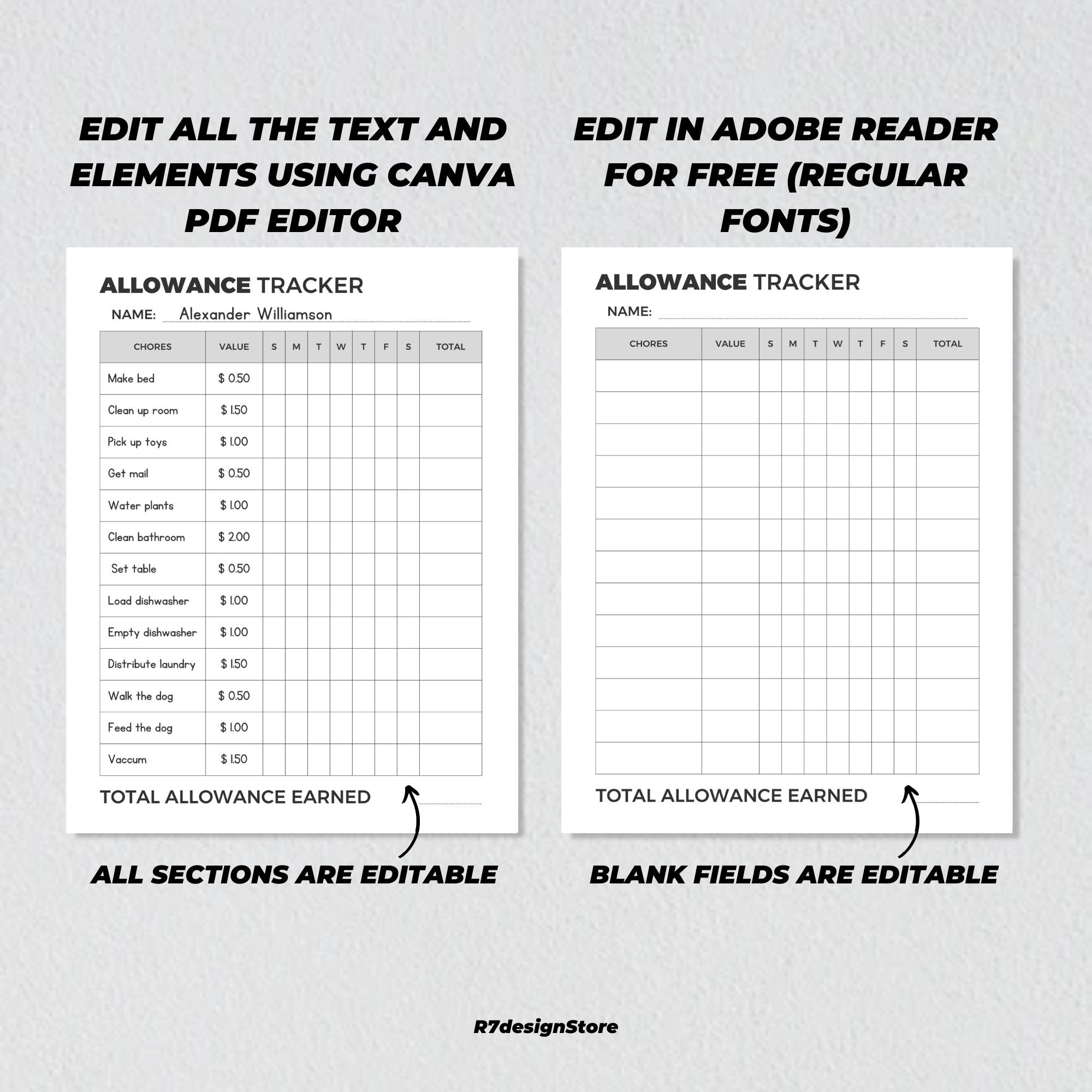 Allowance Tracker for Kids Printable, Weekly Allowance Chore Chart ...