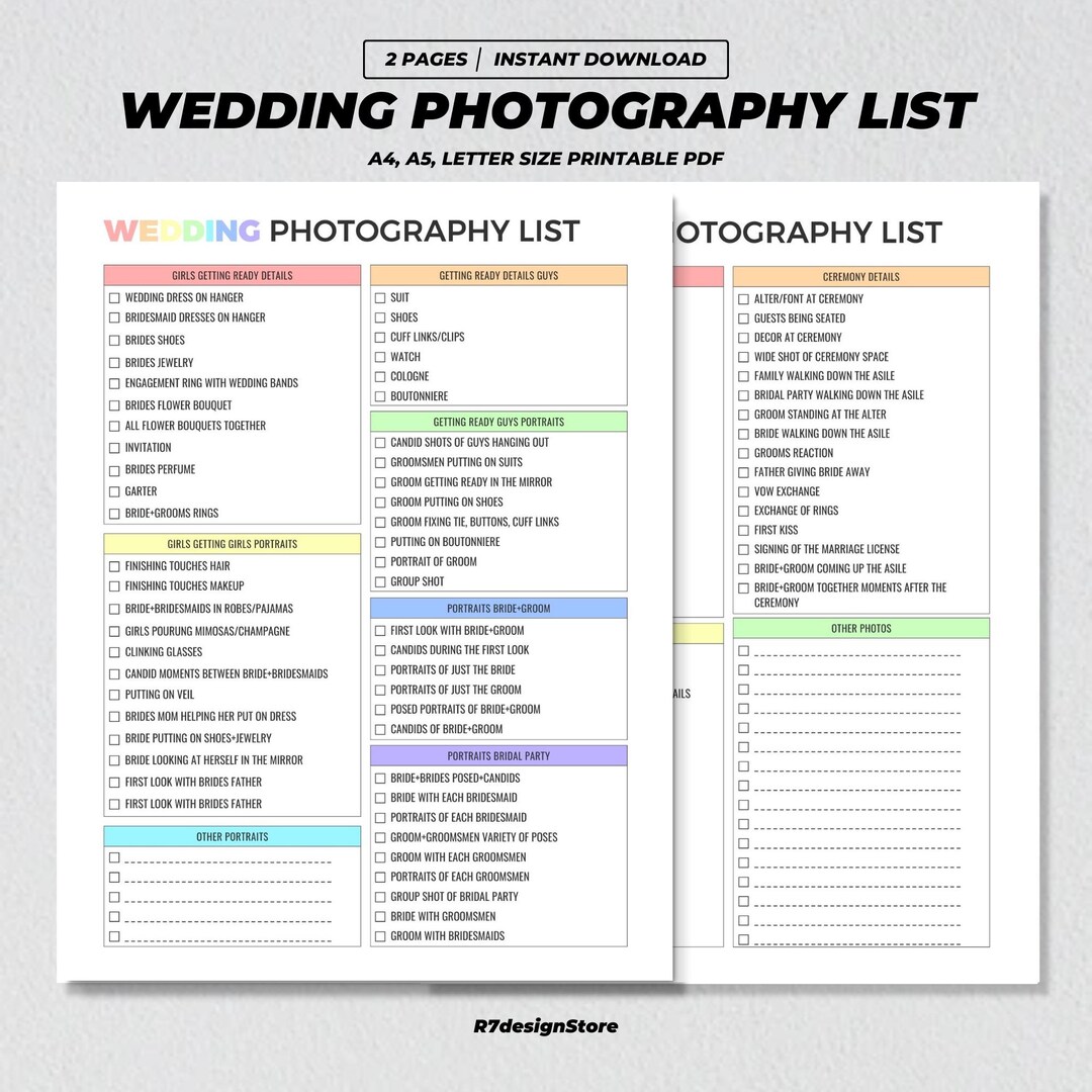 Wedding Photography Checklist Printable, Wedding Planner, Bride Groom
