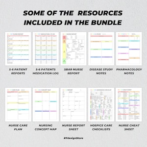 May include: A collection of printable nursing resources, including patient reports, medication logs, and study notes. The image features various colorful templates with headings such as "Nurse Report" and "Hospice Care Checklists". The text "Some of the Resources Included in the Bundle" is at the top.