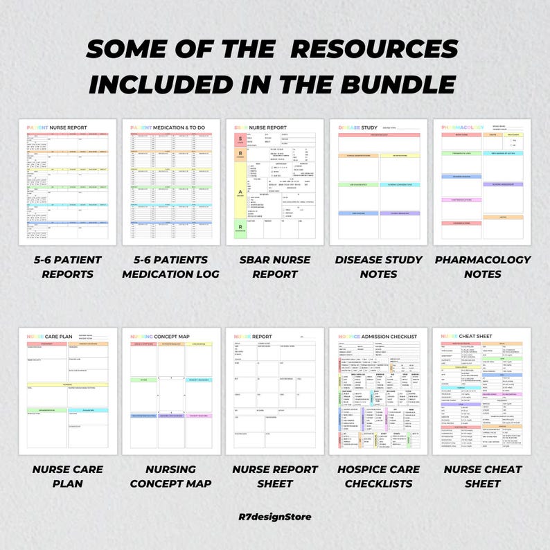 May include: A collection of printable nursing resources, including patient reports, medication logs, and study notes. The image features various colorful templates with headings such as "Nurse Report" and "Hospice Care Checklists". The text "Some of the Resources Included in the Bundle" is at the top.