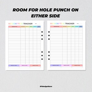 May include: Two printable subscription tracker pages with a colorful header and columns for subscription name, due date, monthly amount, annual amount, and auto renew. The pages are designed for a hole punch on either side.