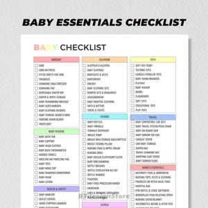 K&ouml;nnte beinhalten: Eine Checkliste f&uuml;r Baby-Essentials mit Kategorien f&uuml;r Kinderzimmer, Kleidung, F&uuml;tterung, Spielzeug, Reisen, Mama-Essentials und Extras. Die Checkliste ist in Tabellenform mit Kontrollk&auml;stchen neben jedem Artikel organisiert.