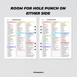 K&ouml;nnte beinhalten: Eine druckbare Checkliste f&uuml;r frischgebackene Eltern mit einem Pastellfarbenschema. Die Checkliste ist in Kategorien wie Kinderzimmer, Kleidung, F&uuml;tterung, Spielzeug, Gesundheit und Sicherheit sowie Extras unterteilt. Die Checkliste bietet Platz f&uuml;r Lochung auf beiden Seiten.
