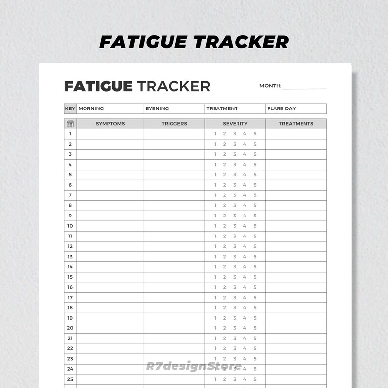 Fatigue Tracker Printable, Monthly Severity Chart, Health & Fitness ...