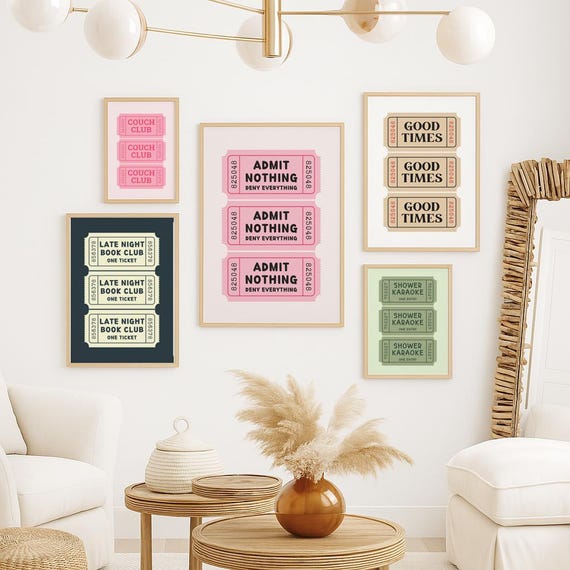 Interior Funny Club Set Of Retro Ticket Printable Wall Art, Funny