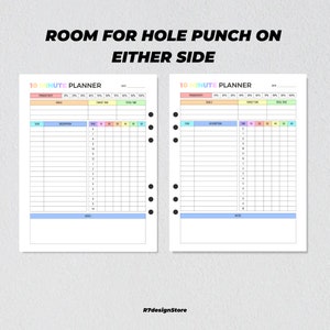 May include: A printable 10-minute planner with a colorful design. The planner has sections for productivity, goals, target time, and total time. The planner is designed to be hole-punched and used in a binder.