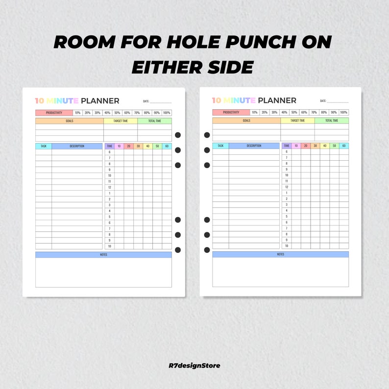 May include: A printable 10-minute planner with a colorful design. The planner has sections for productivity, goals, target time, and total time. The planner is designed to be hole-punched and used in a binder.