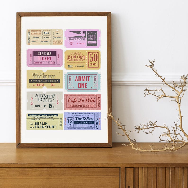Retro Style Ticket Retro Ticket Collage Art Printable, Trendy Aesthetic Poster, Vintage ...