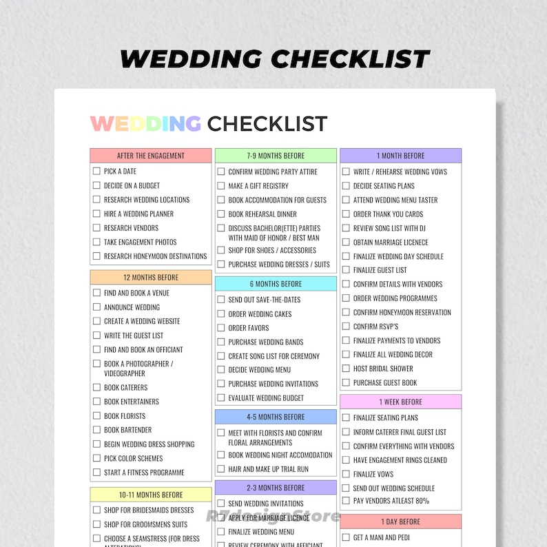 May include: A printable wedding checklist with a pink and green color scheme. The checklist is divided into sections for different time periods before the wedding, such as 12 months before, 6 months before, 4-5 months before, 2-3 months before, 1 month before, 1 week before, and 1 day before. Each section includes a list of tasks to complete, such as finding a venue, booking a photographer, sending out save-the-dates, and finalizing the guest list.